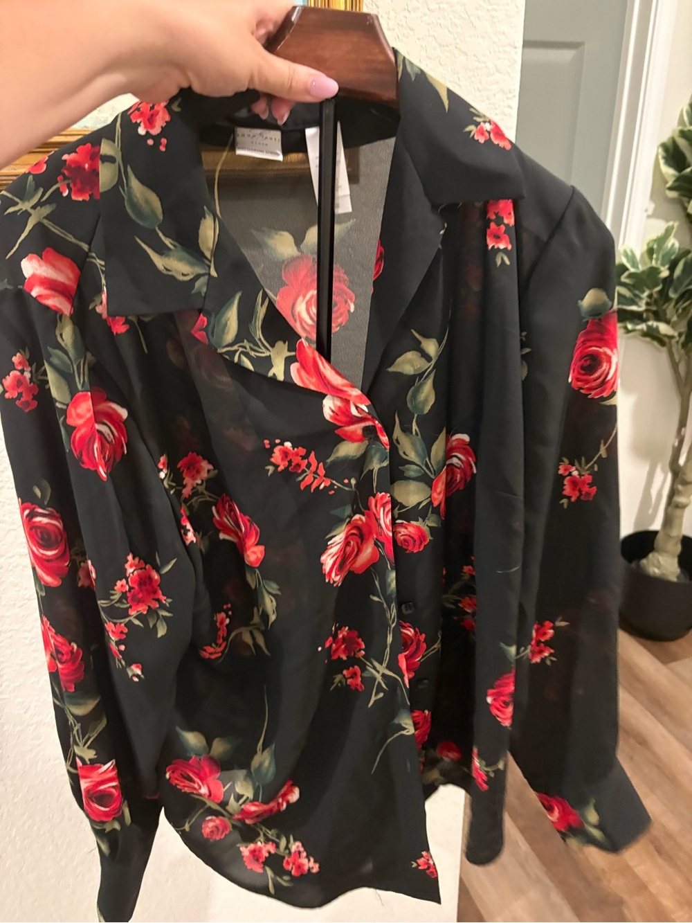 Liz Claiborne Black blouse with Red Floral Detail